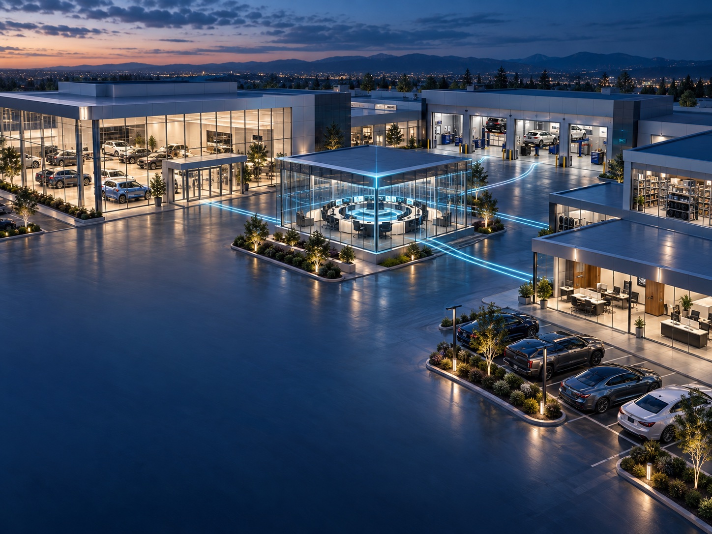 Connected dealership showroom, service bays, and operations