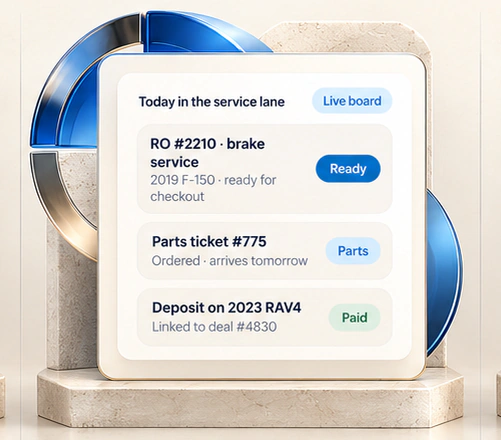 Live service lane board with repair orders and parts