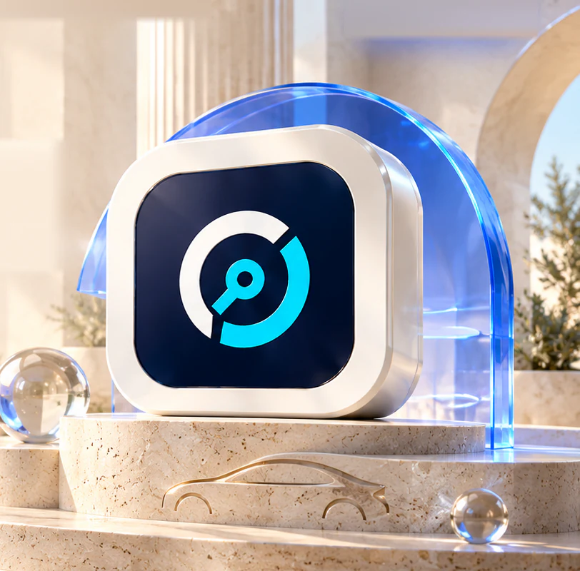 Carsoft.ai logo on a glass and stone pedestal
