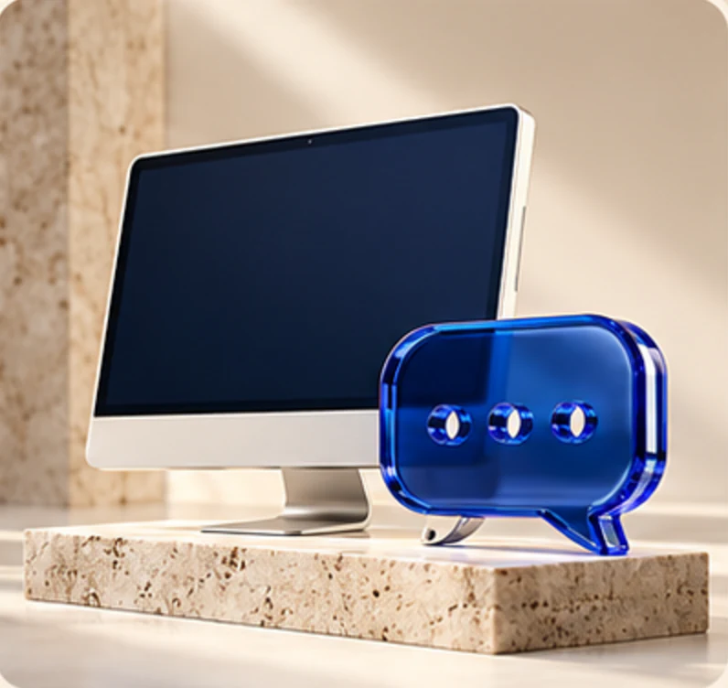 Desktop monitor and blue glass chat bubble on a stone pedestal