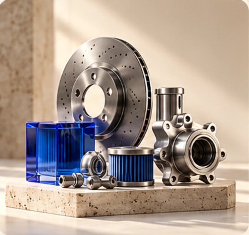 Brake disc, filter and parts on a stone pedestal