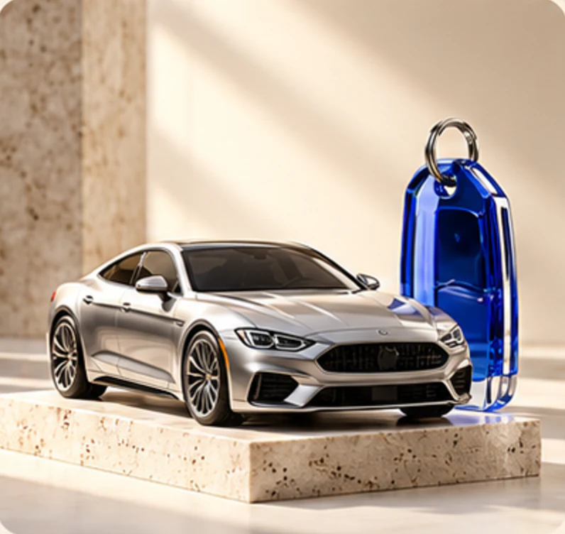 Silver car and blue glass key fob on a stone pedestal