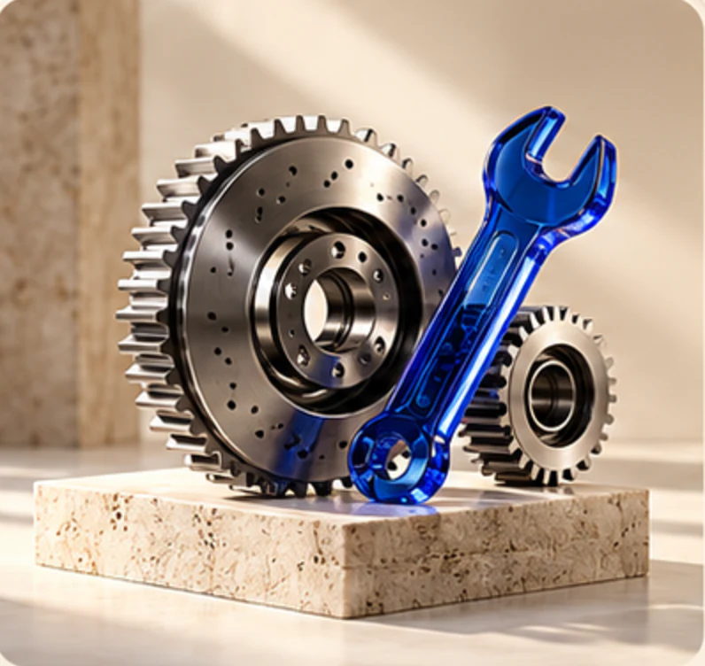 Brake rotor, gears and blue glass wrench on a stone pedestal