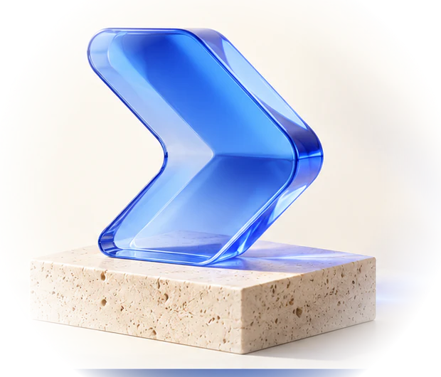 Blue glass arrow on a stone pedestal
