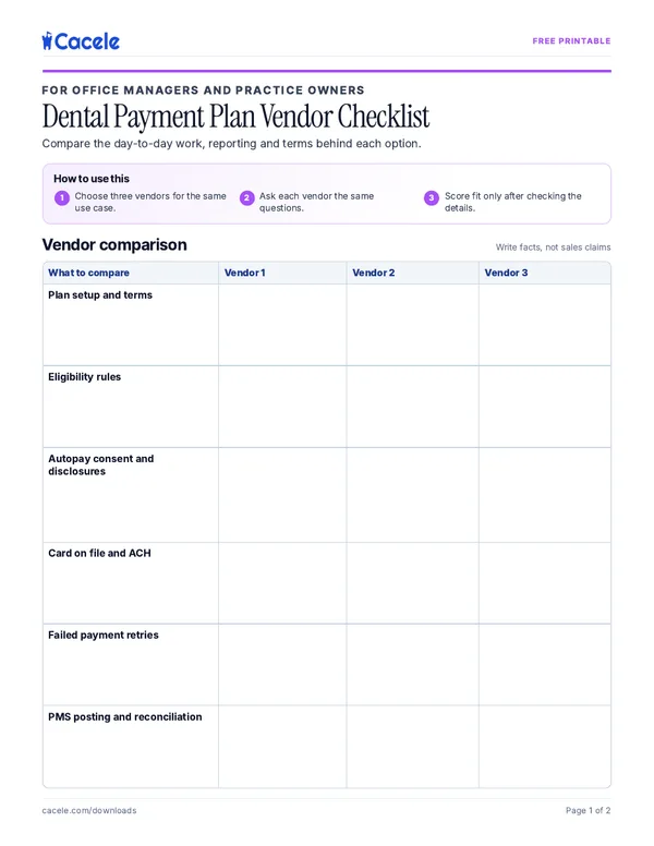 Preview of the Dental Payment Plan Vendor Checklist PDF