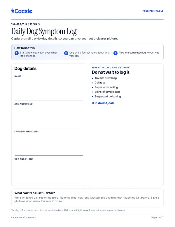 Preview of the Daily Dog Symptom Log PDF