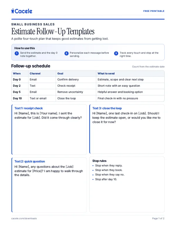Preview of the Estimate Follow-Up Templates PDF