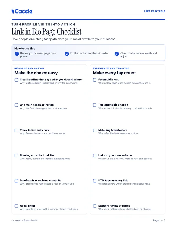 Preview of the Link in Bio Page Checklist PDF