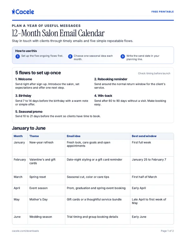 Preview of the 12-Month Salon Email Calendar PDF