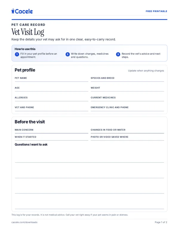 Preview of the Vet Visit Log PDF