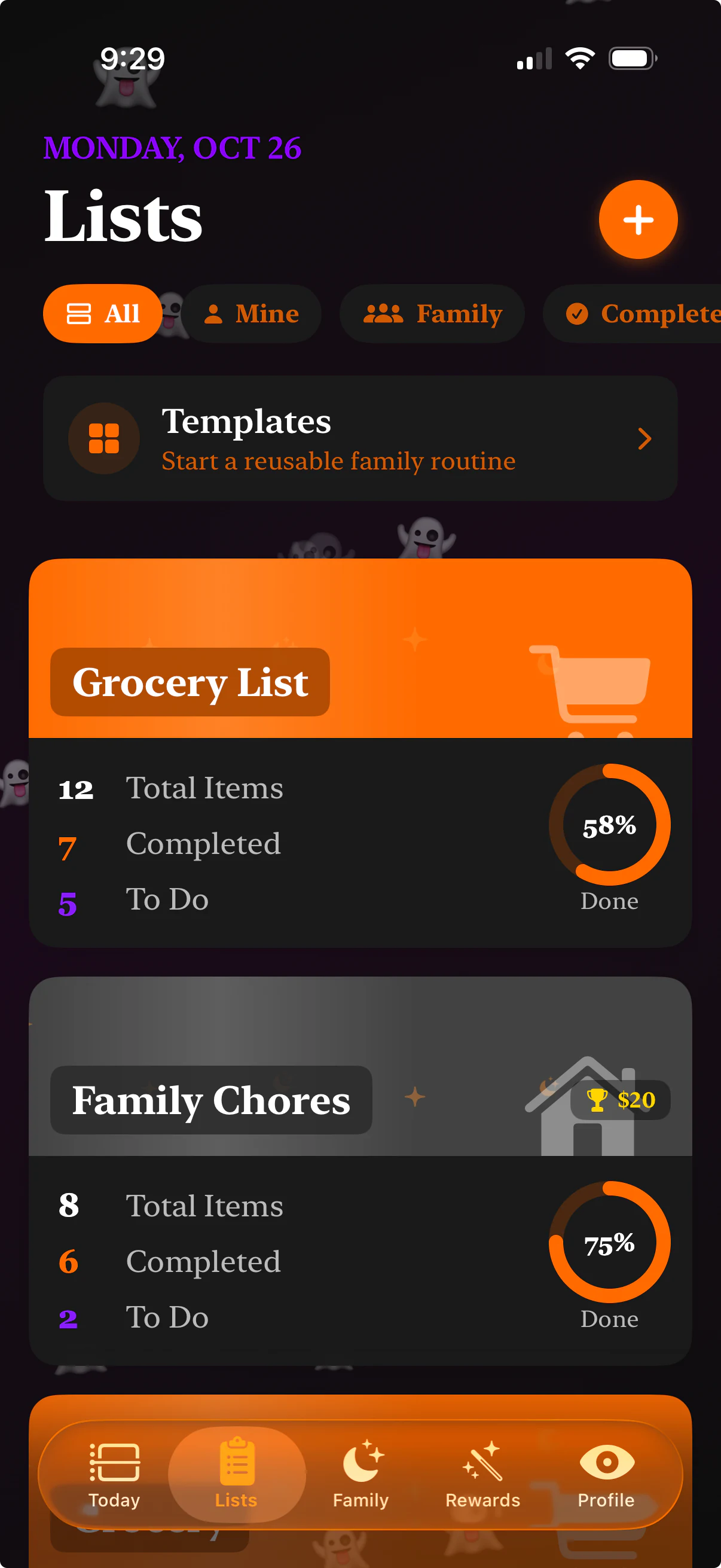 Familist app: lists in a dark seasonal theme