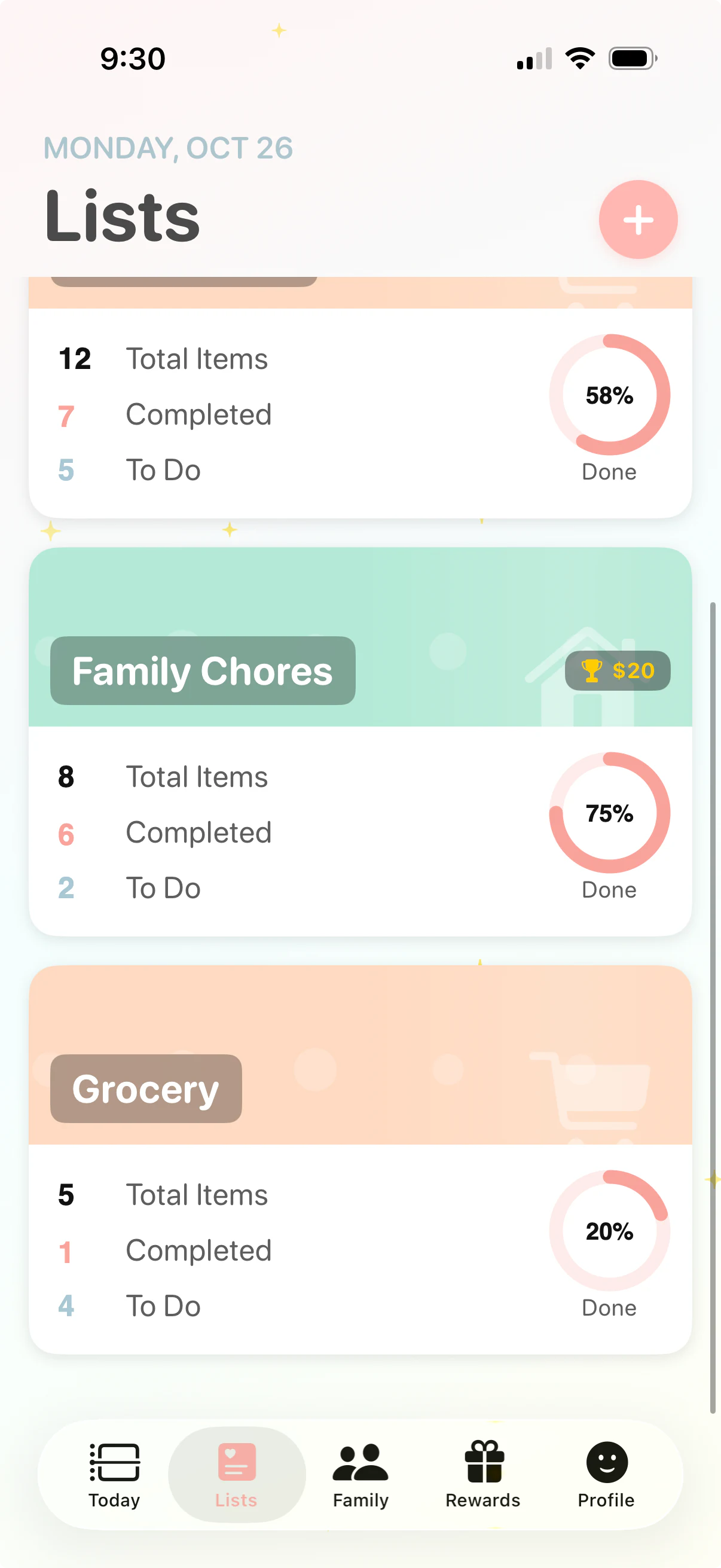 Familist app: lists in the light theme