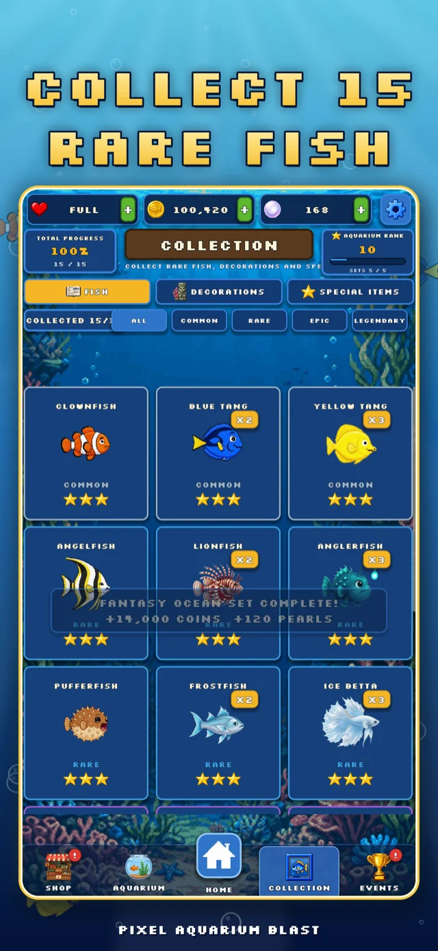 Pixel Aquarium Blast — five ocean worlds