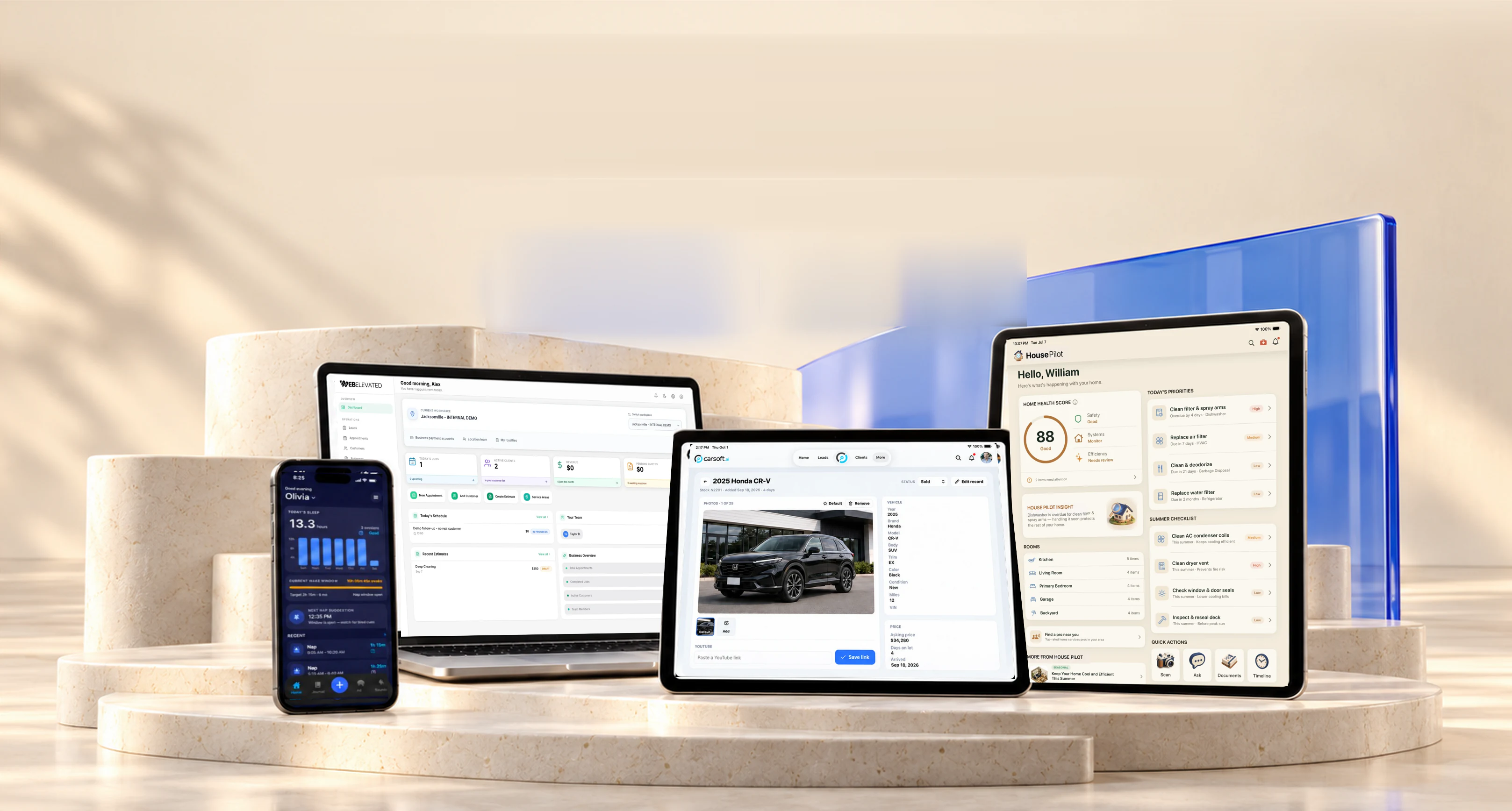 WebElevated, Lullaby, Carsoft and House Pilot apps on laptop, phone and tablets