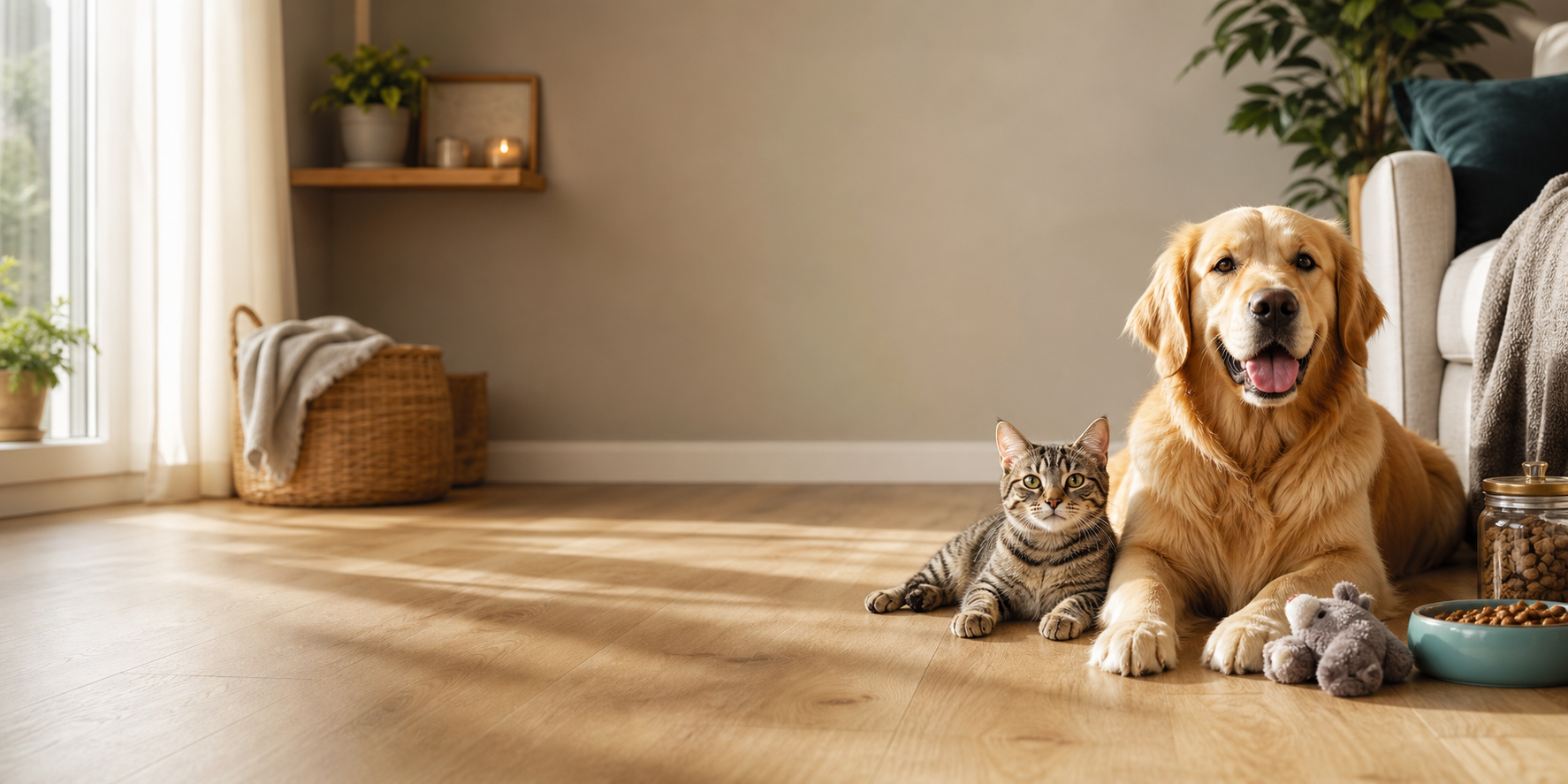 Dog and cat relaxing beside pet supplies at home