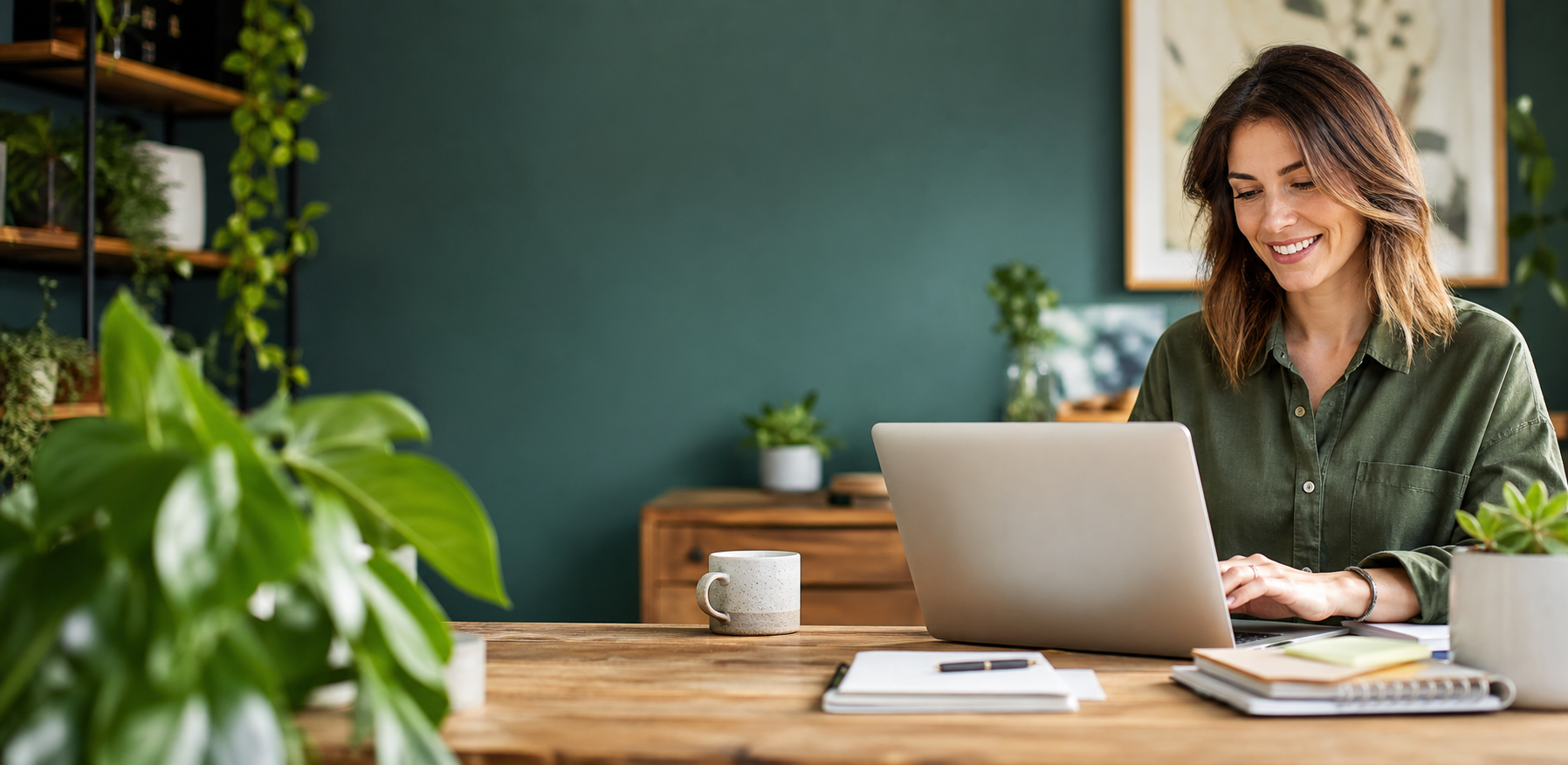Small business owner managing customer relationships at a plant-filled workspace