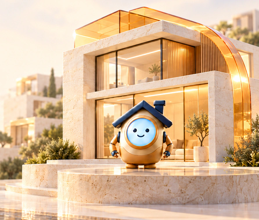 House Pilot's robot mascot outside a stone and glass home