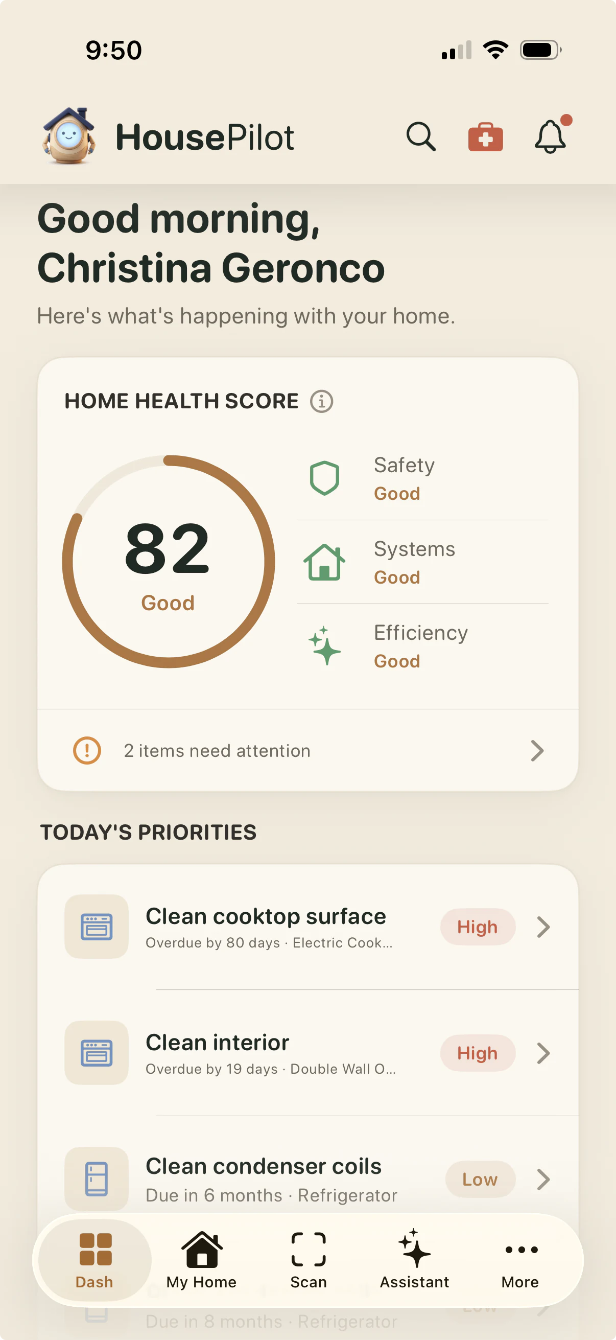 House Pilot dashboard with home health score and priorities