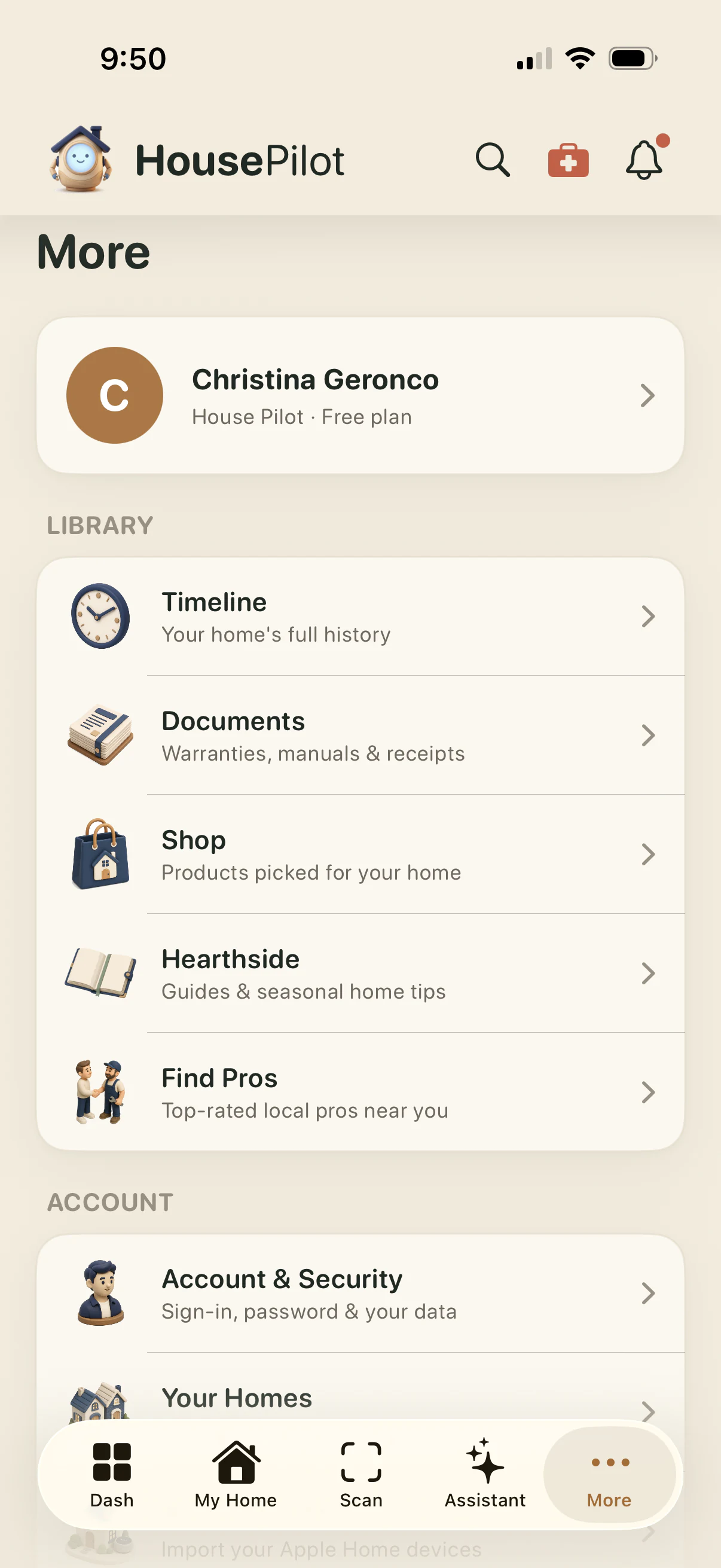 House Pilot More screen with timeline, documents and pros