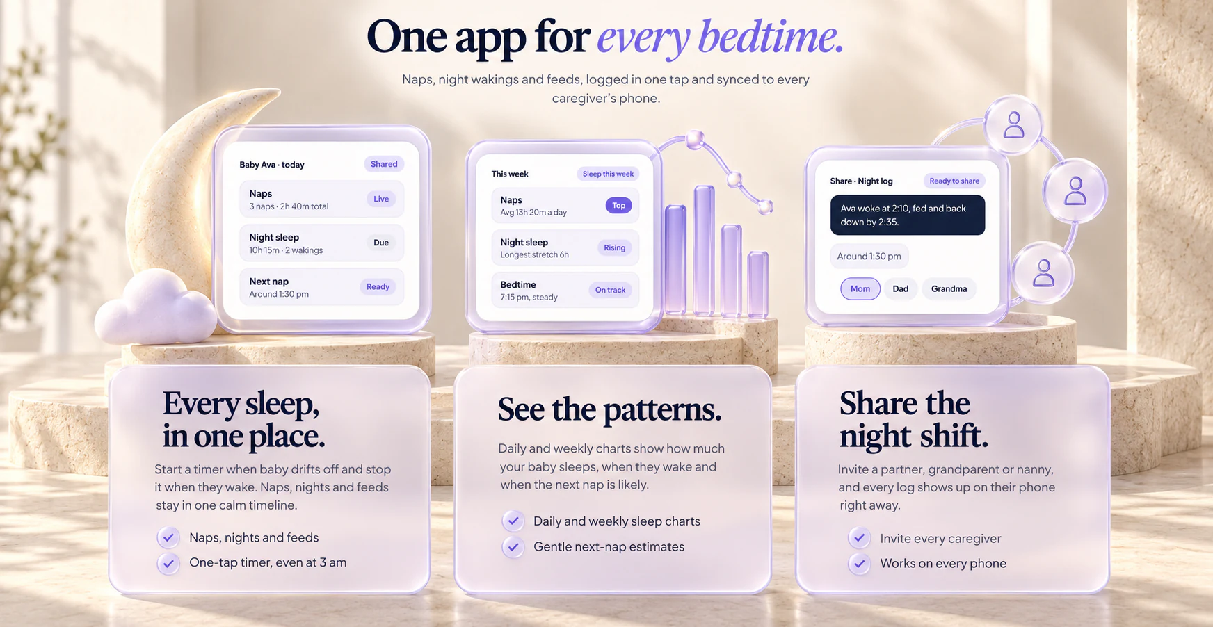 One app for every bedtime: Every sleep, in one place; See the patterns; Share the night shift
