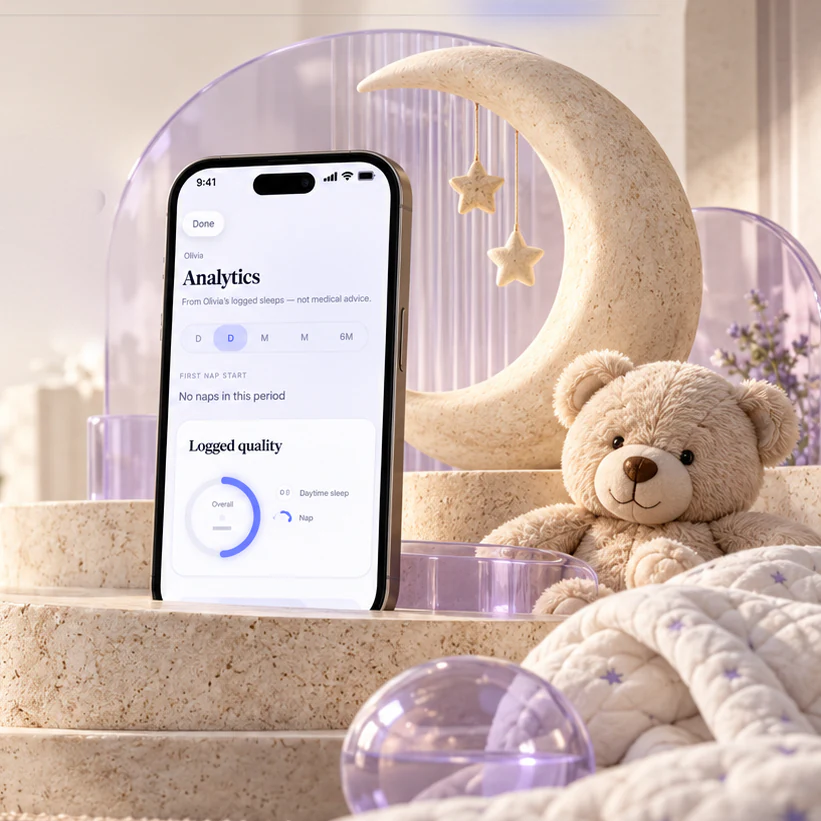 Lullaby app showing sleep analytics beside a stone moon and teddy bear