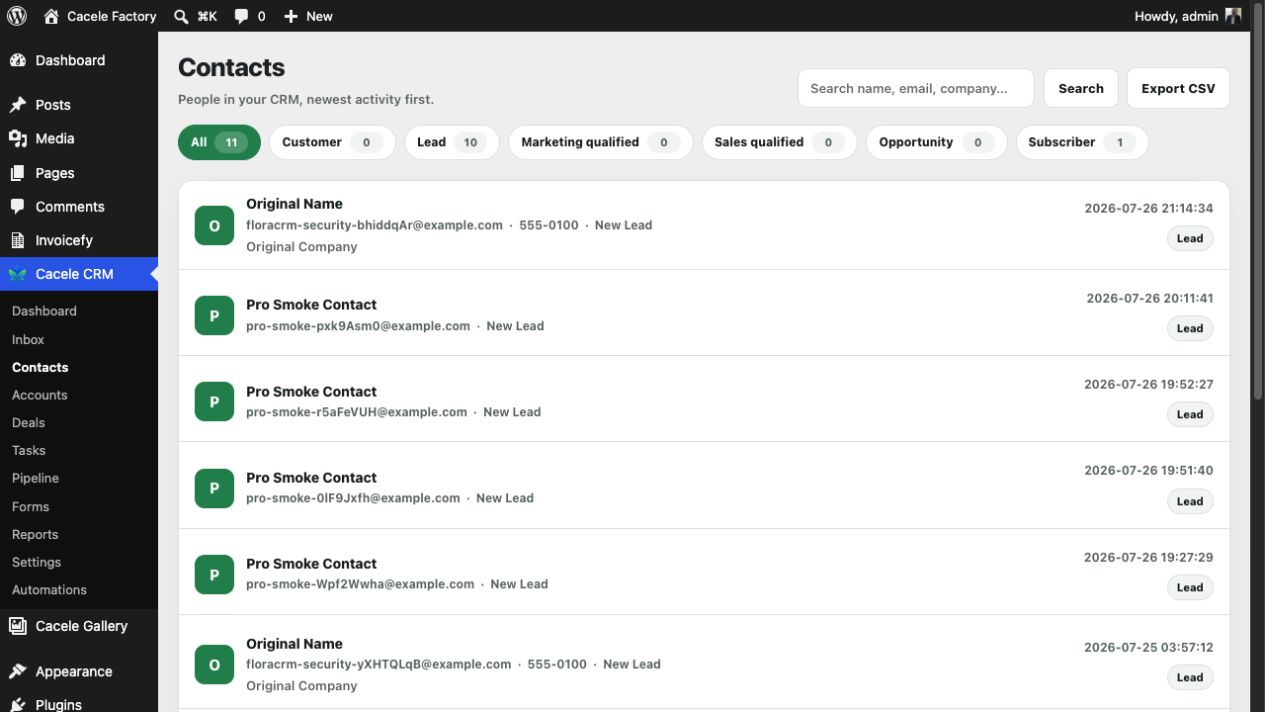 Cacele CRM contact list and relationship details