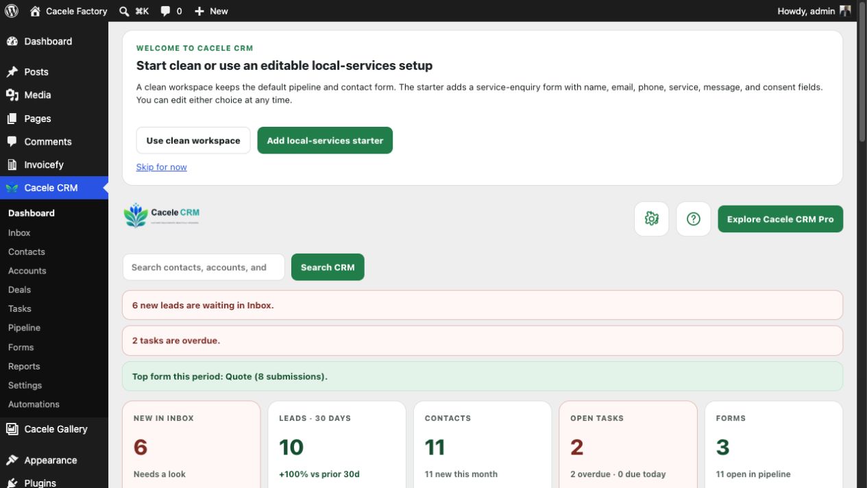 Cacele CRM dashboard showing lead, contact, task, form, pipeline, and activity metrics