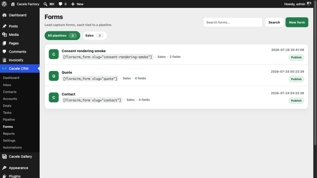 Cacele CRM WordPress form builder with fields and layout controls