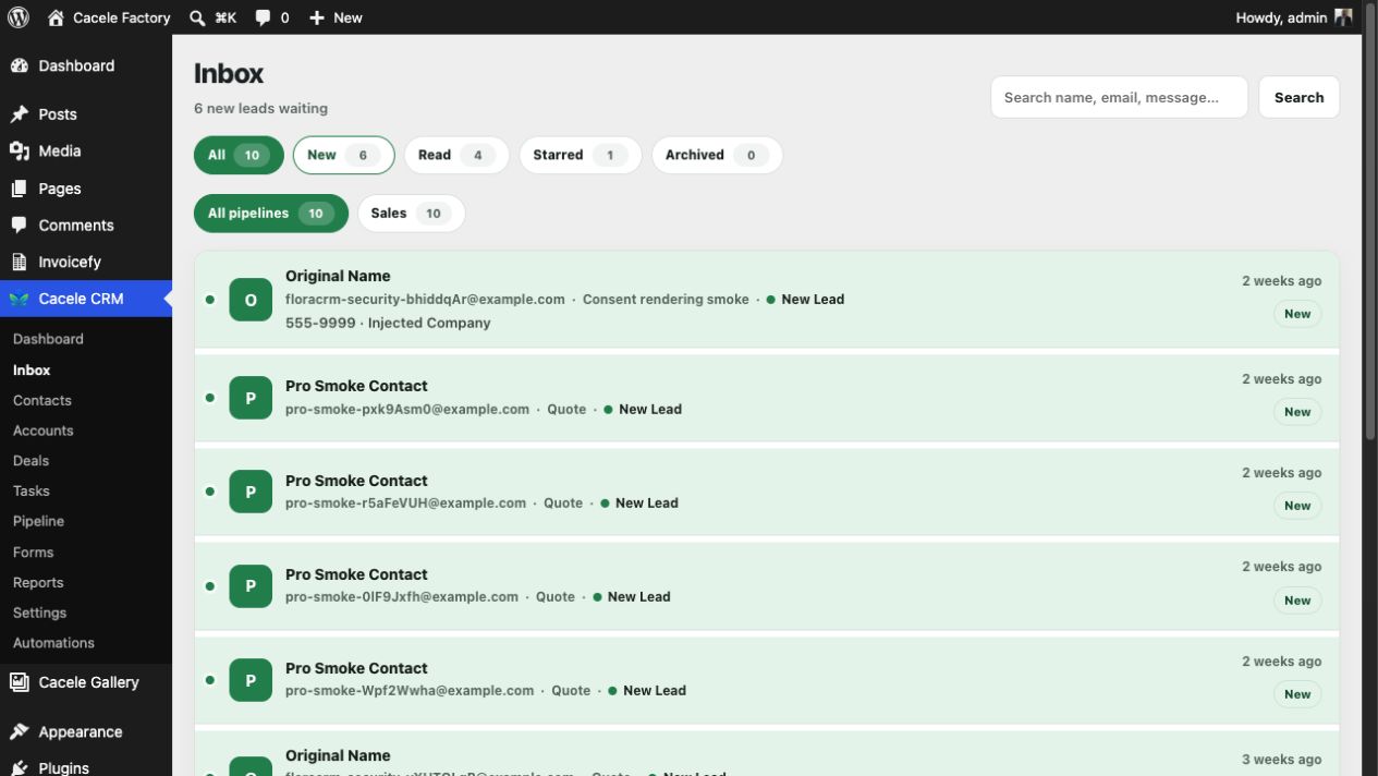 Cacele CRM inbox with new and read lead submissions