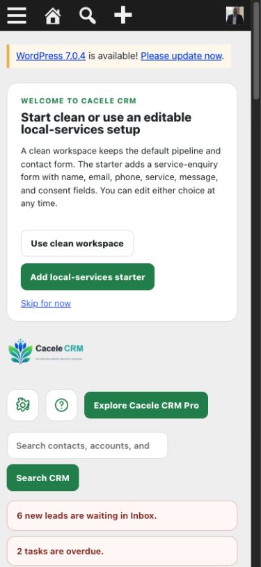 Cacele CRM responsive dashboard on a phone