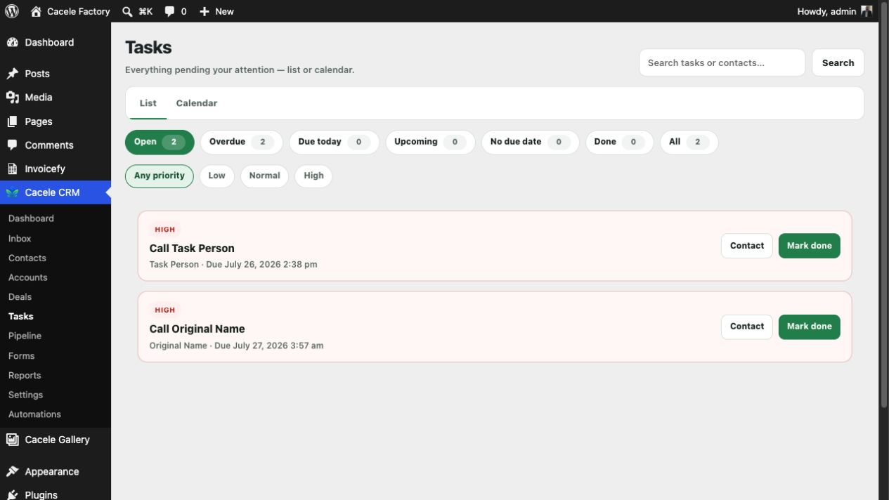 Cacele CRM task management screen