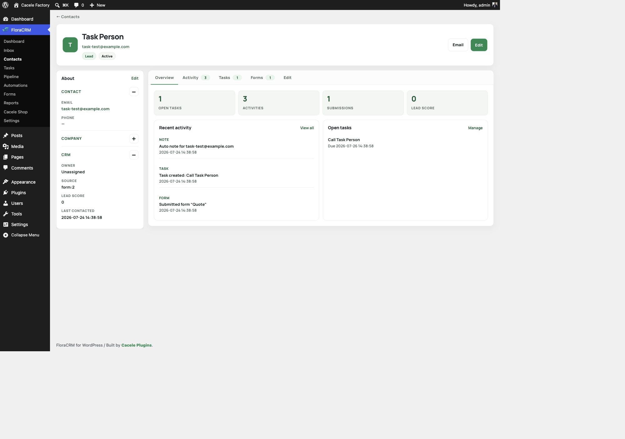 FloraCRM contact record with activity and open tasks
