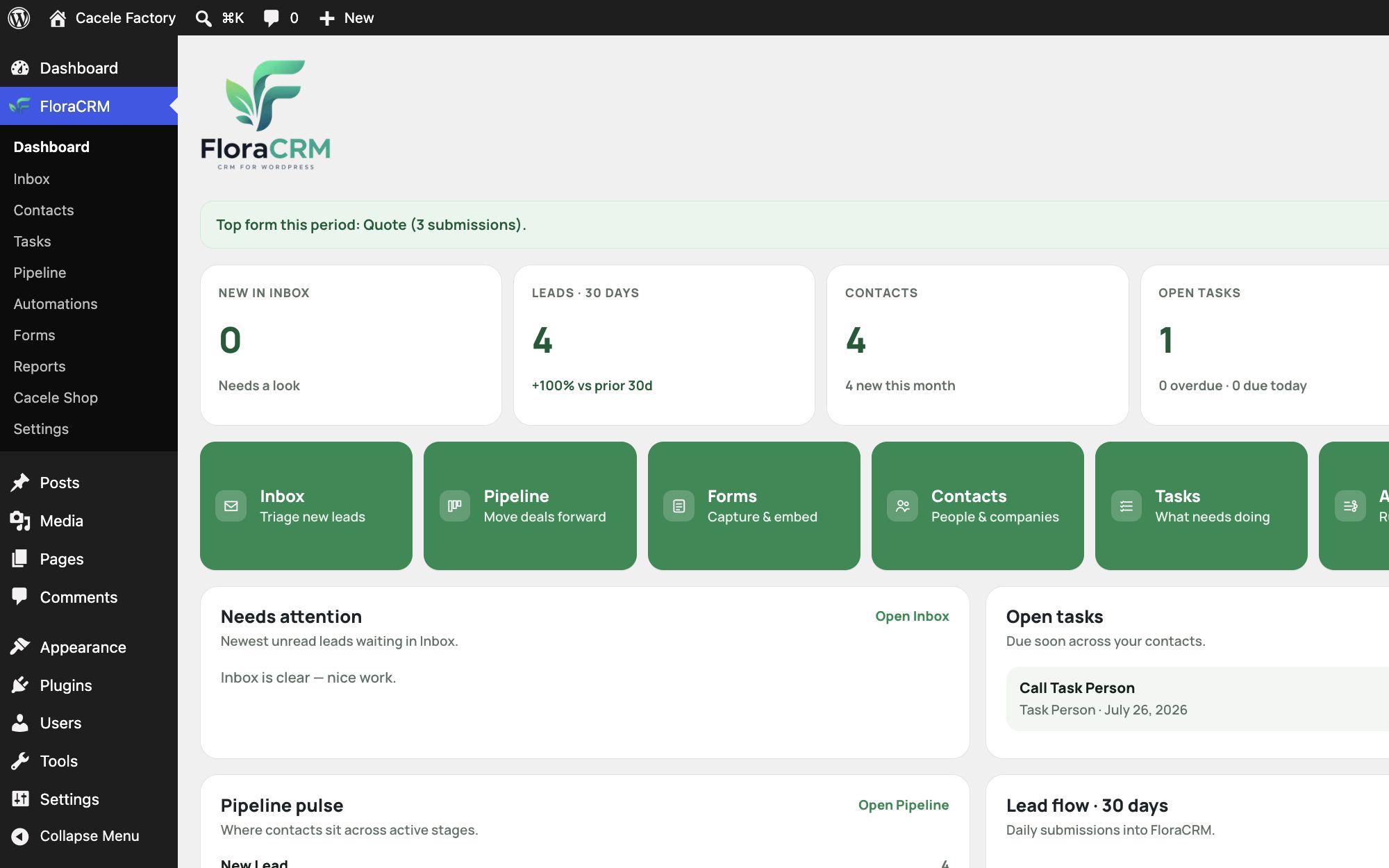 FloraCRM dashboard showing lead, contact, task, form, pipeline, and activity metrics
