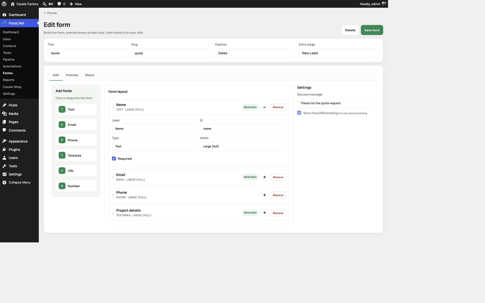 FloraCRM WordPress form builder with fields and layout controls