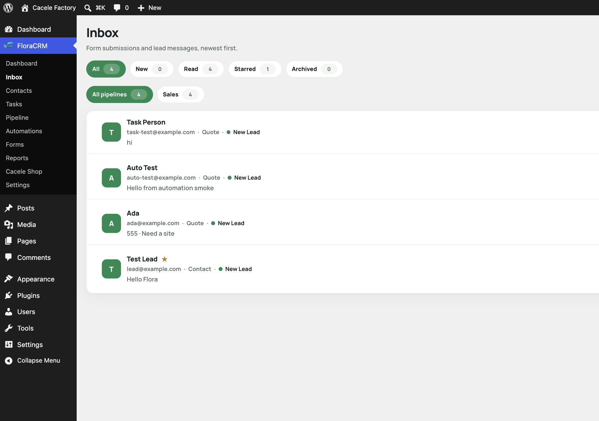 FloraCRM inbox with new and read lead submissions