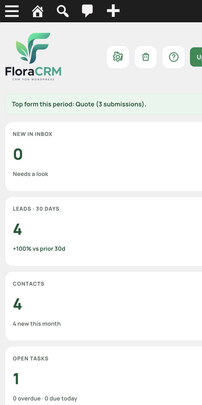 FloraCRM responsive dashboard on a phone