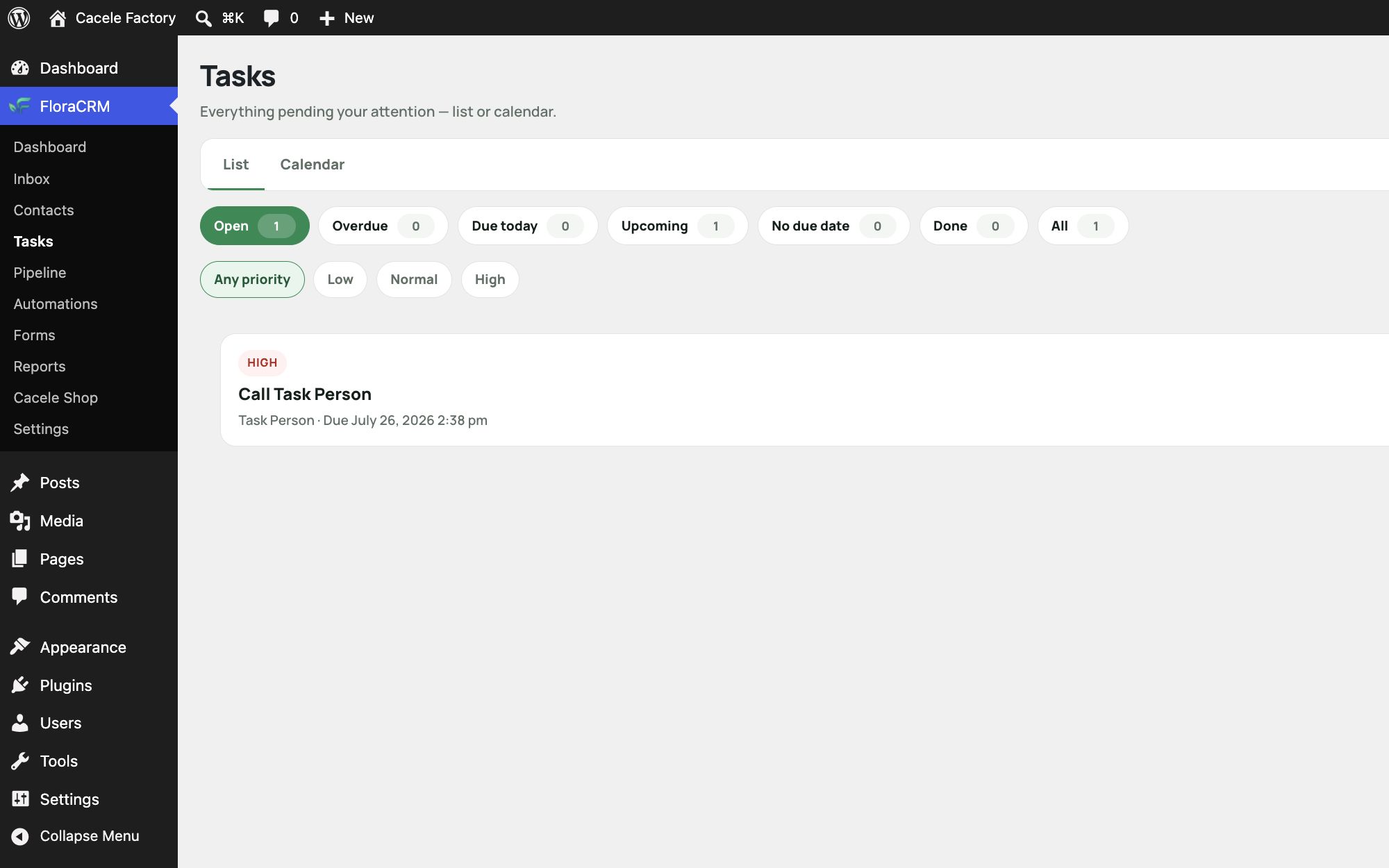 FloraCRM task management screen
