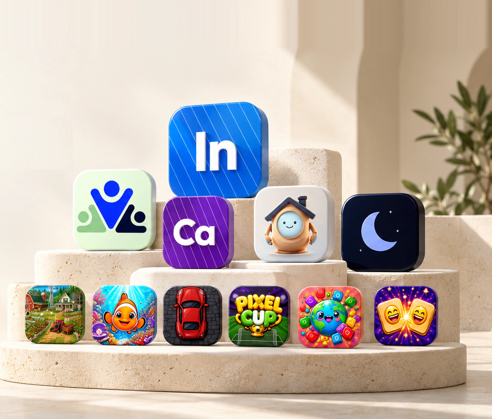 Cacele app icons displayed on stone pedestals