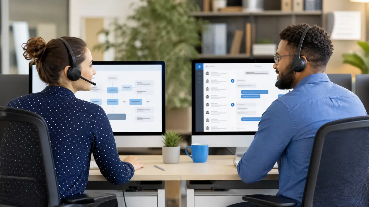 Two support professionals comparing automated chatbot routing with live customer chat