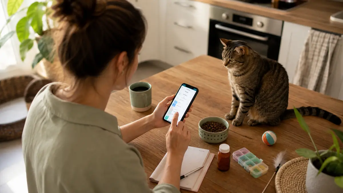 A cat owner organizing pet care reminders and observations on a smartphone at home
