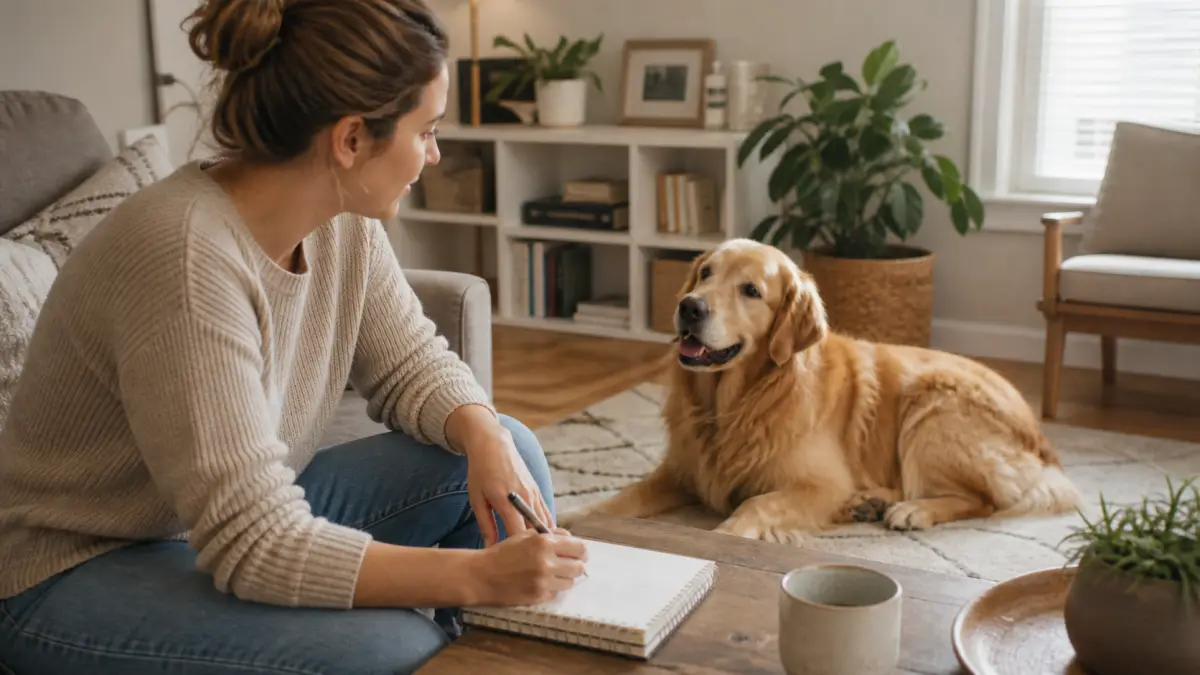 A dog owner recording symptom observations beside a golden retriever at home