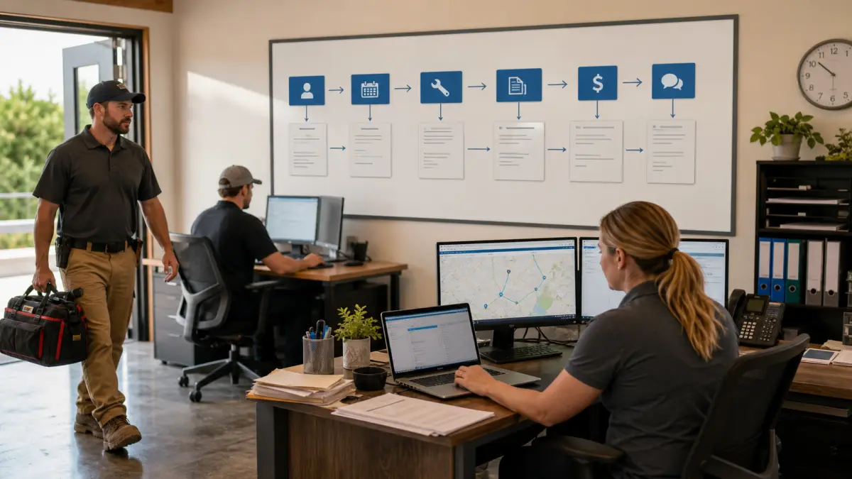 A home service team coordinating leads, scheduling, field work, invoicing, and follow-up