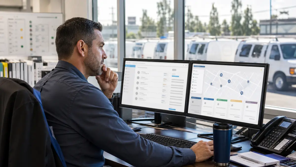 A home service manager comparing customer records with field service dispatch software