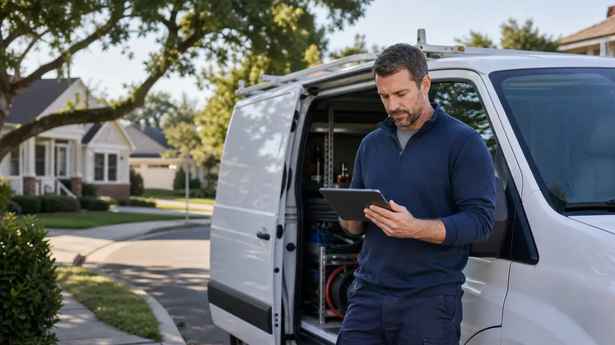 A home-services business owner reviewing local customer locations beside a service van