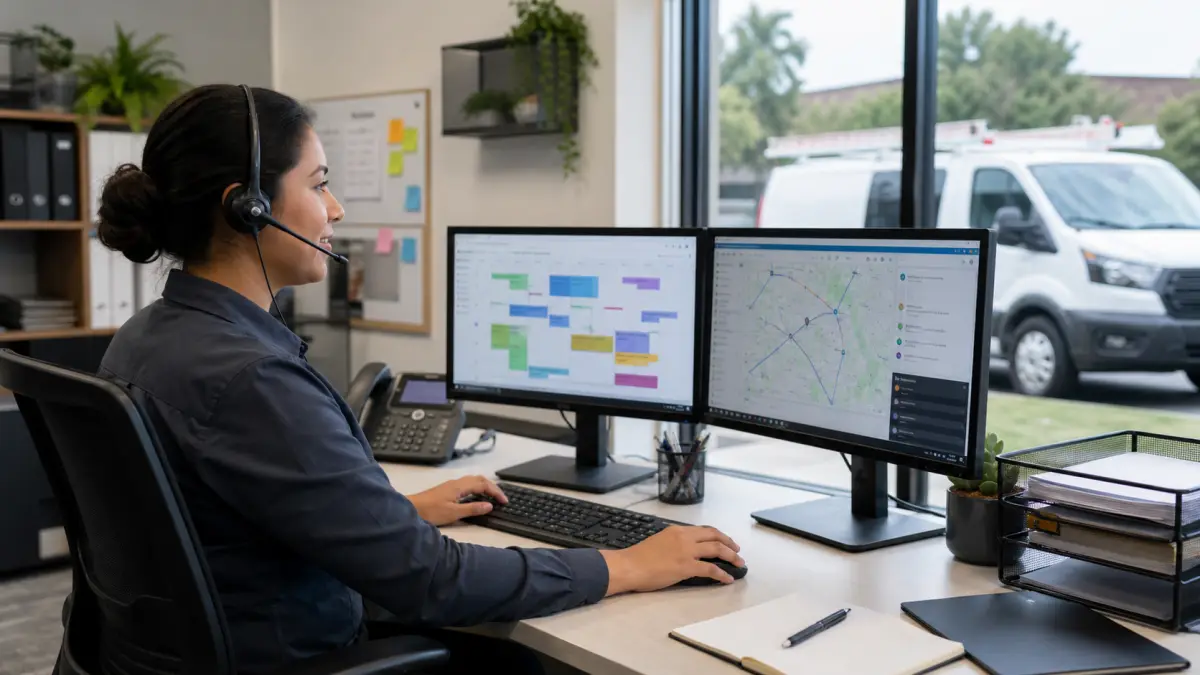 An HVAC dispatcher coordinating technician appointments and routes from an office