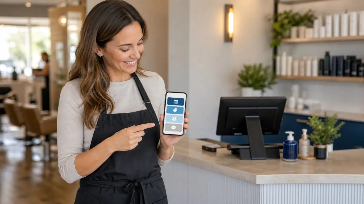 A salon owner reviewing a mobile link-in-bio path for booking and contact