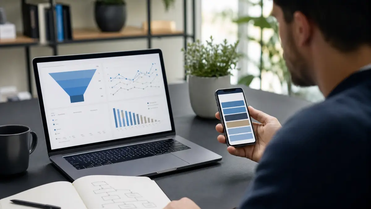 A marketer comparing link-in-bio traffic with funnel and conversion analytics