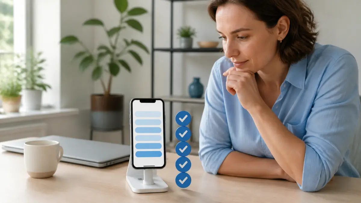 A small business owner auditing a mobile link-in-bio page with a conversion checklist