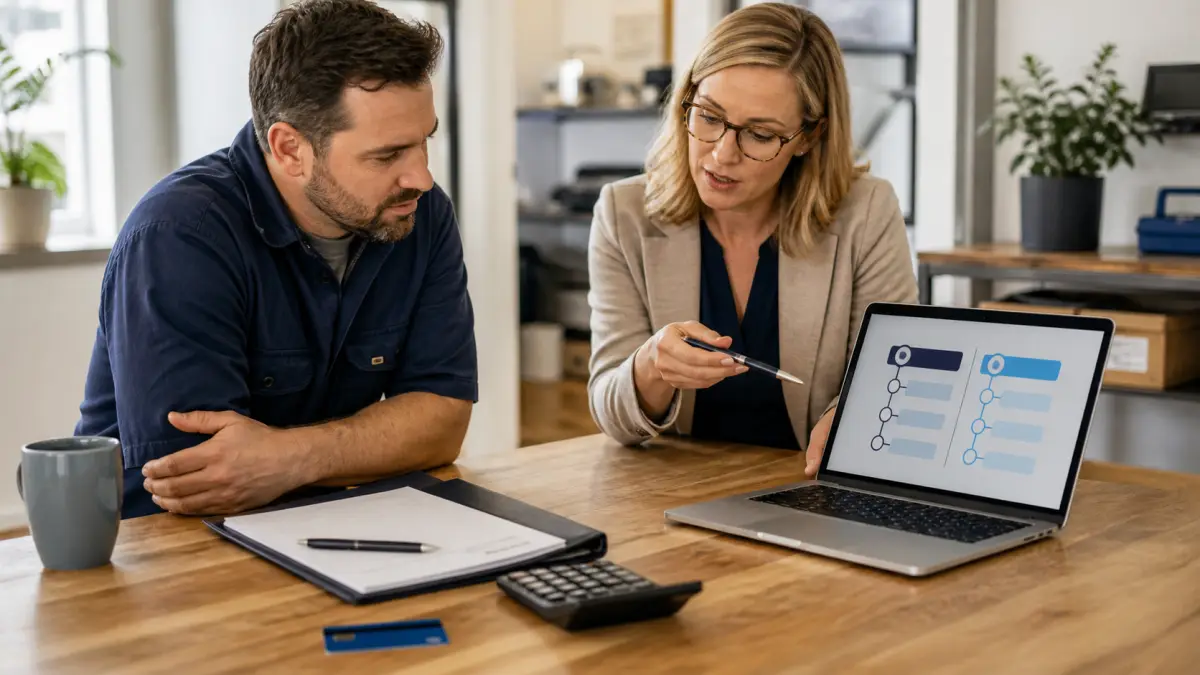 A service business owner comparing payment plans and third-party financing