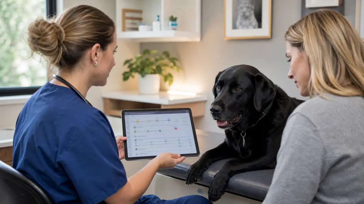 A veterinarian and pet owner reviewing a digital health timeline with a black Labrador